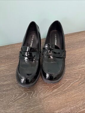 Sun + Stone Black Patent Penny Loafers